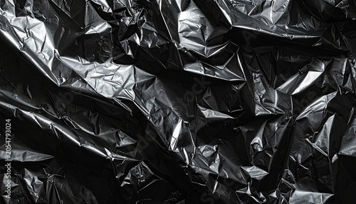 Wrinkled black plastic sheet texture, shimmering highlights, dark depths