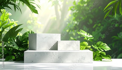 Tiered white plinths in a sunlit vibrant green tropical forest