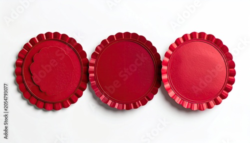 Glossy red ruffled circles lined up on a clean white surface