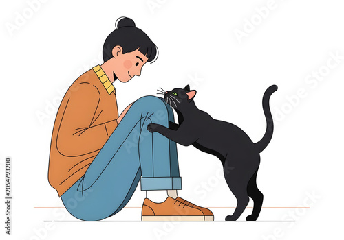 A Young Woman Sitting on the Floor Gently Interacting With Her Affectionate Black Cat in a Cozy Minimalist Setting