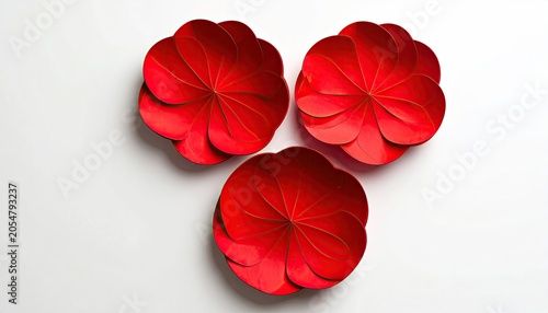 Three red layered spiral abstract shapes on a white background