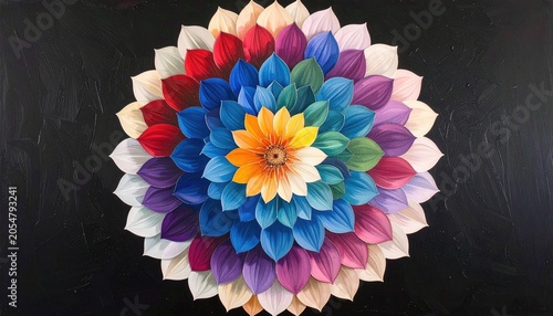 Colorful flower bloom, radial gradient of petals on a black background, center is bright yellow-orange
