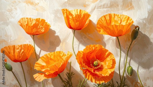 Luminous orange poppies with buds against a textured light canvas