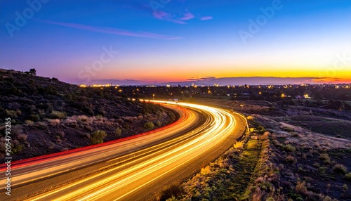 Highway lights streak through a hilly landscape at twilight, creating a vibrant and dynamic scene