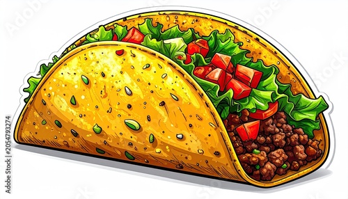 Cartoon hard-shell taco, filled with meat, lettuce, diced tomatoes