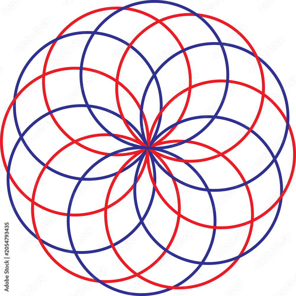 Obraz premium Geometric Star Pattern with Intersecting Red and Blue Circular Lines on Transparent Background