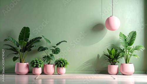 Lush green plants in pink pots, minimalist room with a green wall
