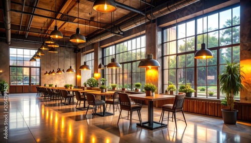 Warmly lit industrial-chic dining space with large windows