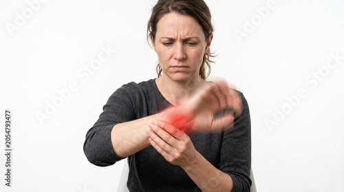 Woman holding painful inflamed hand injury in neutral indoor setting