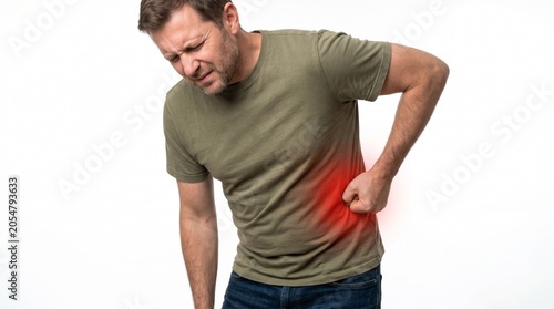 Man experiencing lower back pain while standing against white background in realistic style