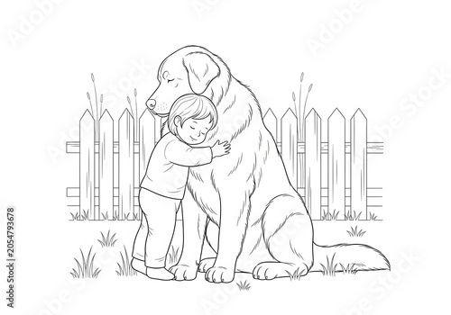 A Young Child Affectionately Embracing a Gentle Large Dog in a Backyard Setting Featuring a Traditional Picket Fence