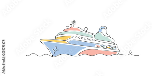 Fotografía Line art drawing of a passenger ship with colorful random shapes