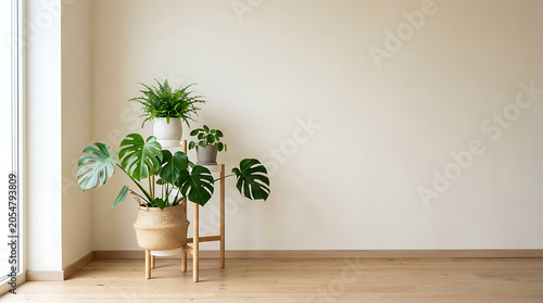 Minimalist interior with monstera and fern plants in woven baskets natural light