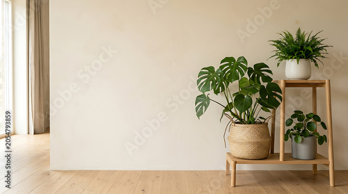 Minimalist interior with monstera fern and potted plants on wooden shelf