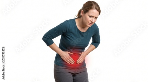 Woman holding stomach in pain isolated on white background medical concept