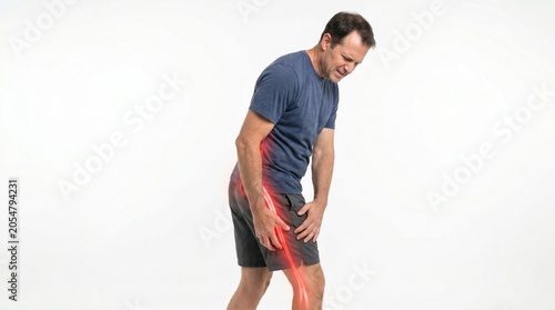 Man experiencing knee pain while exercising indoors in casual athletic wear