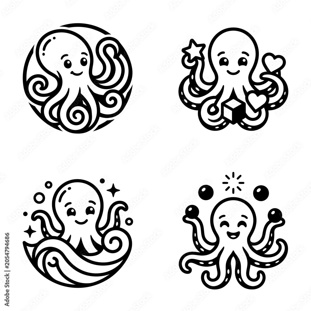 Fototapeta premium Cartoon octopus characters smiling faces.