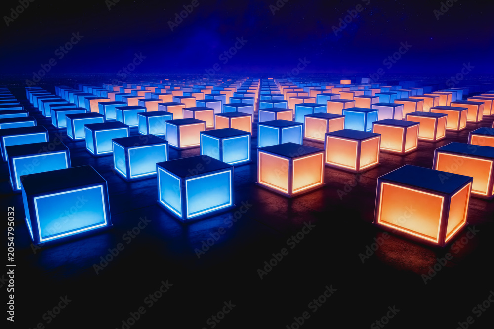 Fototapeta premium A grid of glowing blue and orange cubic light installations arranged in a dark, futuristic space, creating a striking visual contrast.