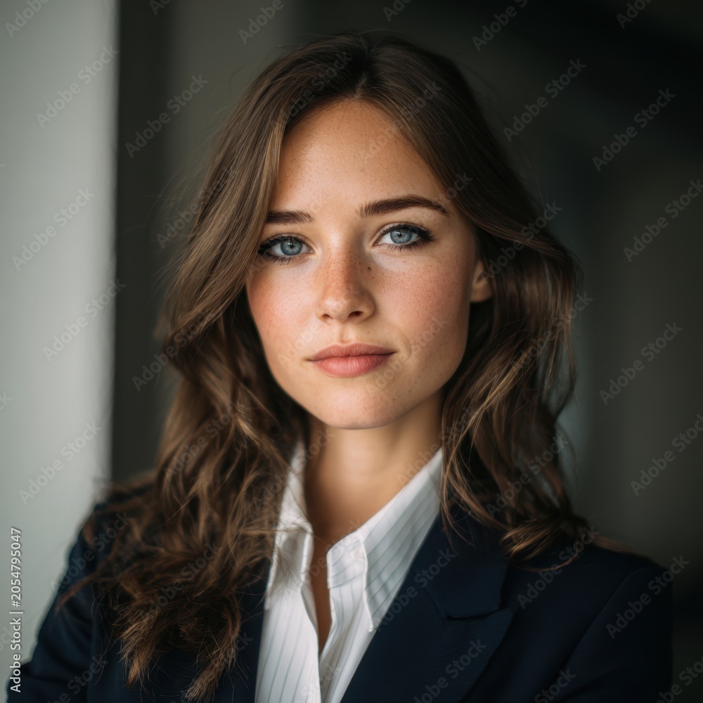 Fototapeta premium Confident young woman with wavy brown hair and blue eyes in formal business attire