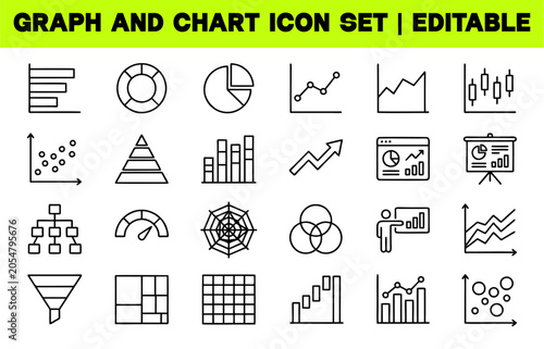 Graph and Chart Icon Set. Business Analytics, Statistics and Data Visualization Editable Line Vector Illustration
