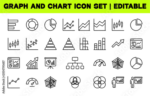 Graph and Chart Icon Set. Business Analytics, Statistics and Data Visualization Editable Line Vector Illustration