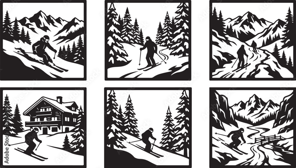 Fototapeta premium Skiing icons, winter sports graphics, black and white, vector illustrations, ski resort, mountain landscape