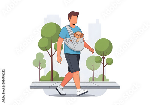 Man Carrying Cute Small Puppy in a Comfortable Fabric Sling Carrier While Walking Through a Park Cityscape Setting