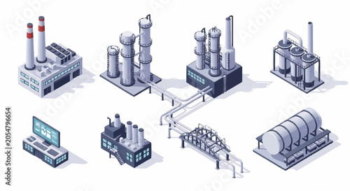 Photos Isometric industrial factory buildings and equipment, including distillation towers, storage tanks, and control panel