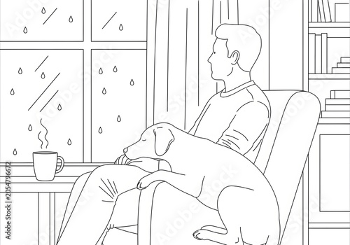 Cozy Scene of a Man and His Dog Relaxing Indoors While It Rains Outside, a Perfect Picture of Comfort and Companionship