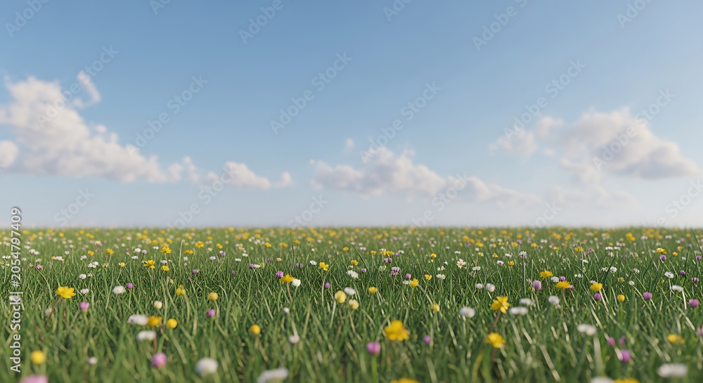 Fototapeta premium A serene landscape of a vast field of colorful flowers under a clear blue sky with fluffy clouds.