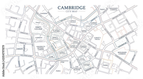 Quadro su tela Cambridge city center street map with major college landmarks