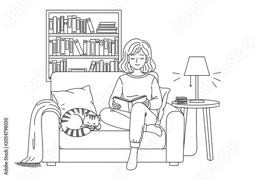 A cozy scene of a young woman engrossed in a book while relaxing on a comfortable couch with her cat resting nearby and a lamp casting a soft glow