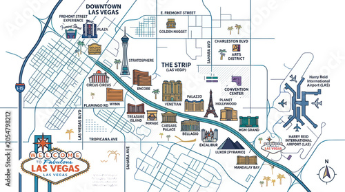 Detailed tourist map of a famous casino city with major landmarks