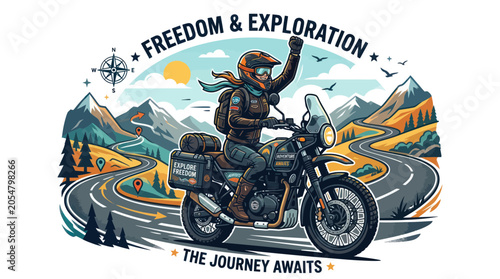Fotografie Adventurous woman riding motorcycle on winding mountain road