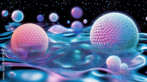Glowing spheres in futuristic digital landscape with rippling water effect