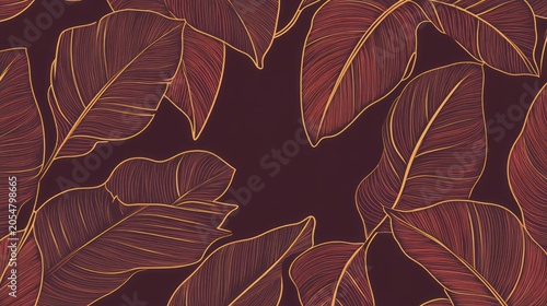 Luxurious red banana leaves with golden outlines on dark background