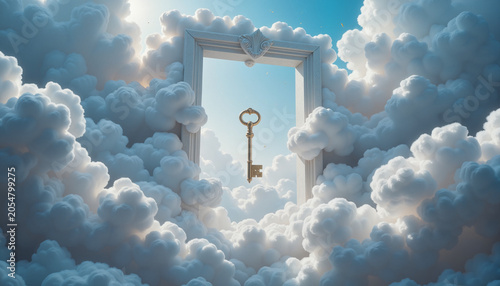 key suspended in clouds, framed by an ornate doorway, representing access and discovery in a surreal, dreamlike environment
