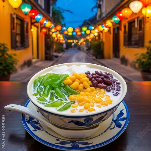 bowl of Che Ba Mau three-color sweet dessert soup layered with green jelly strips, yellow mung bean paste, red beans, and sweet coconut milk, served on a table in a Hoi An alley glowing with colorful 
