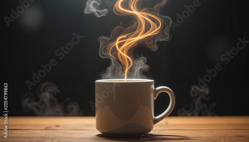 hot coffee cup steaming on wooden table against a dark background, concept of warmth and comfort, with copy space