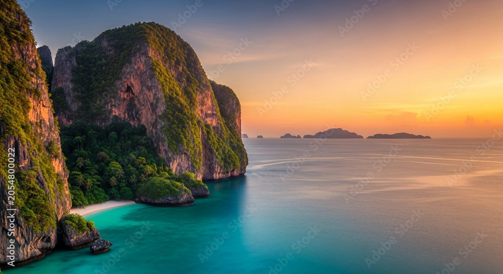 Fototapeta premium Limestone cliffside with lush vegetation meeting turquoise water and a serene sunset horizon, symbolizing paradise, tranquility, and nature's beauty.