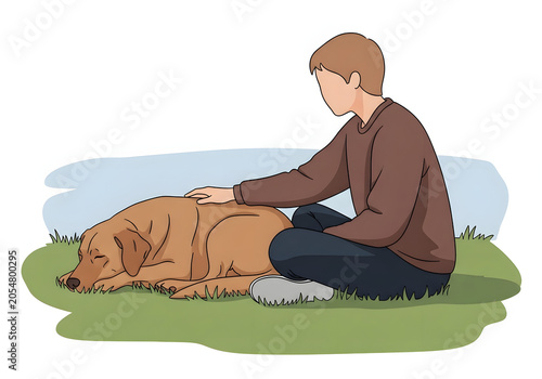 A person sitting on grass affectionately petting a sleeping dog, conveying themes of companionship, comfort, and the bond between humans and animals