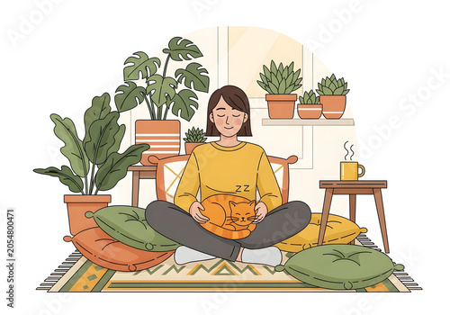 A woman meditating peacefully with a cat sleeping on her lap surrounded by lush green houseplants and cozy cushions, exuding tranquility and calm