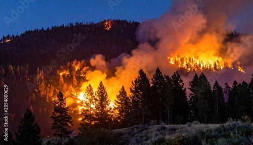 Fiery wildfire consuming forest on mountain slopes, night sky illuminated by the blaze