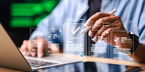 Digital document management system with electronic approval workflow, online compliance verification and business process automation. Professional reviewing files,