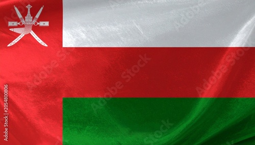 Flag of Oman with khanjar emblem and white red green stripes.