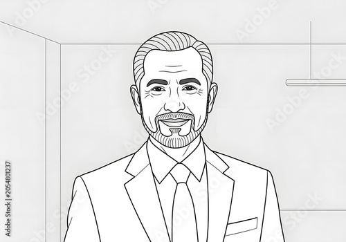 Illustration of a smiling, distinguished, bearded man in a suit and tie, looking directly at the viewer in an office setting, black and white line drawing