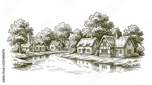 Foto Traditional rural cottages along a peaceful riverbank