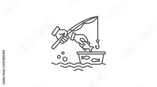 Konstfotografi Hand holding fishing rod catching fish into a bucket.