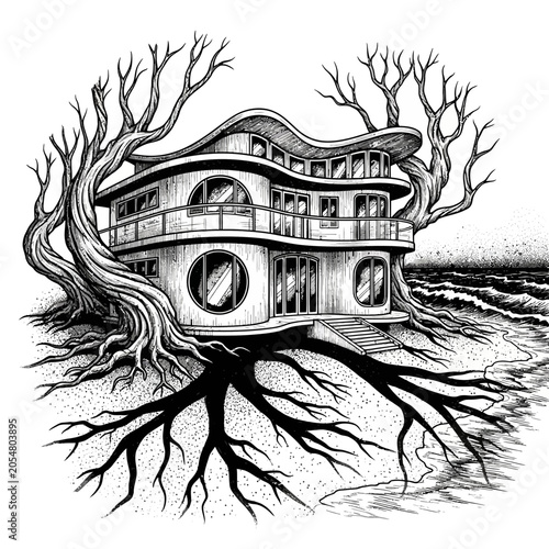 Obraz na plátně Treehouse with roots and balconies.