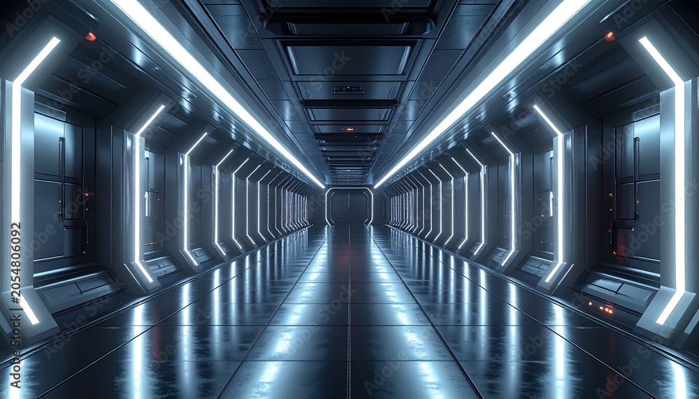 Obraz premium Infinite futuristic dark metallic corridor, glowing blue-white lights